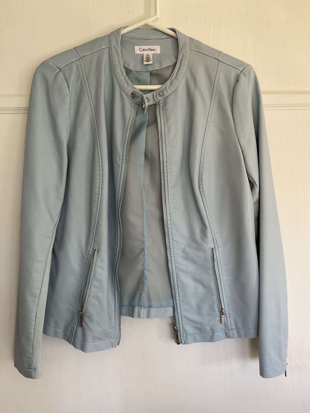 Calvin Klein Women's Light Blue Bomber Leather Jacket - M
