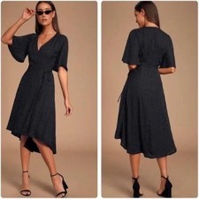 LULUS Farah Wrap Dress Size M Black Pindot Triangle Print High low hem Midi