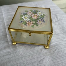 Vintage Brass Glass Mirror Floral Jewelry/ Trinket Box