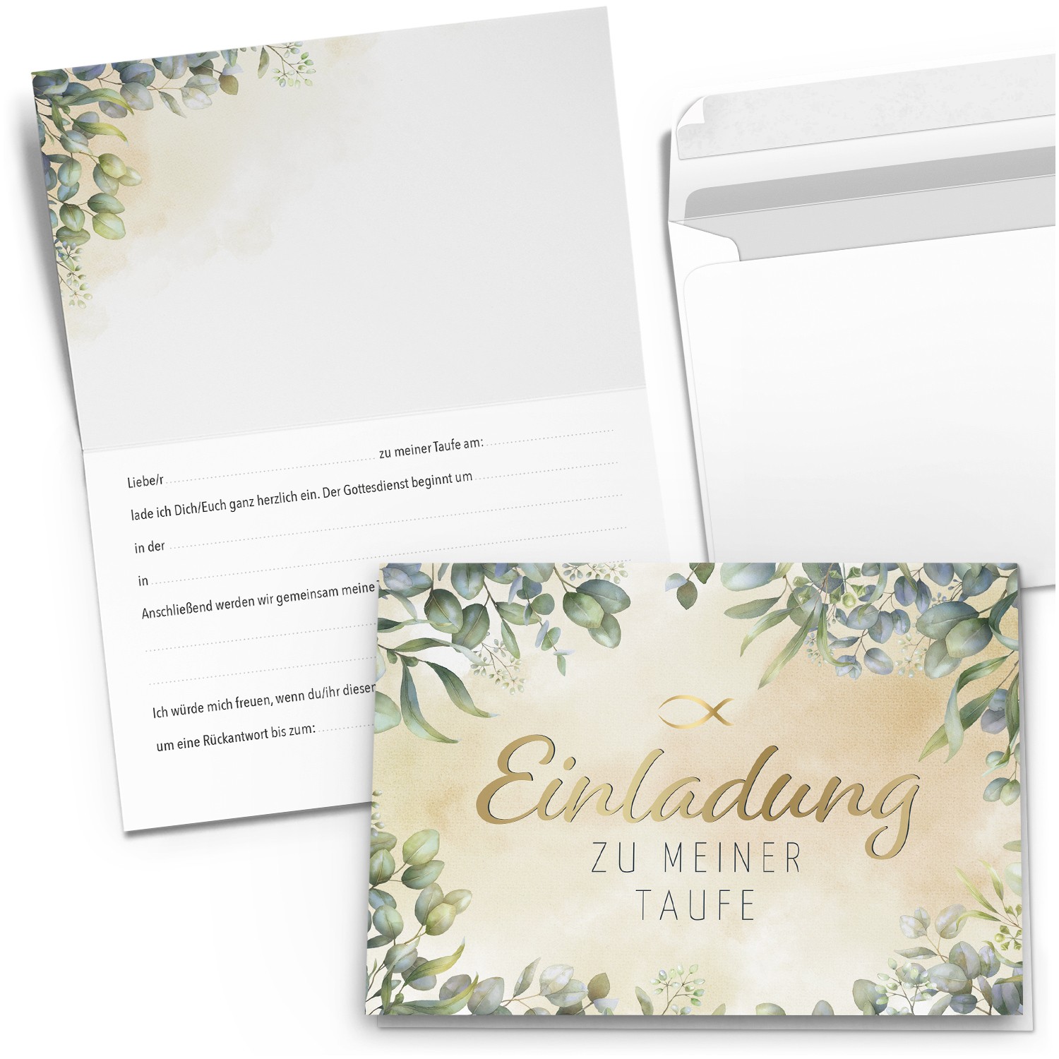 10 Einladungskarten Taufe mit Umschlag Einladung zur Taufe Eukalyptus Fisch Set