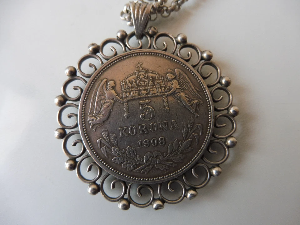 schöne,alte Kette_mit Münz-Anhänger__5 Krona 1908__Silber__Medaillon  ! - Bild 4 von 4