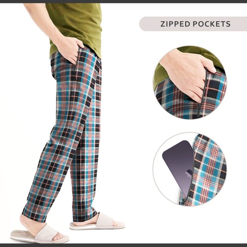 New Men's Pyjama Bottoms Rich Cotton Woven Check Lounge Assorted Pants Nightwear - Picture 70 of 91