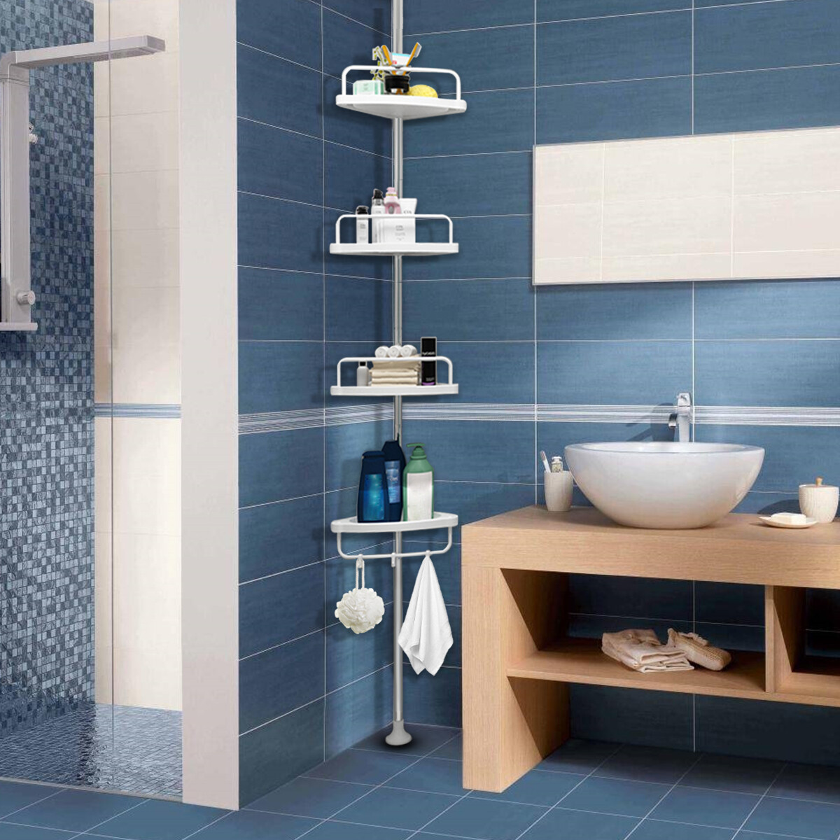 4 TIER NON RUST BATHROOM TELESCOPIC CORNER SHELF STORAGE SHOWER