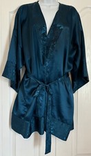 Vintage Victoria's Secret Lingerie Kimono Robe Teal Damask Trim Floral Tie OS