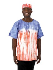 Men Women Red White Blue Cotton Tie Dye Shirt w/Pockets  Cap. One Size.