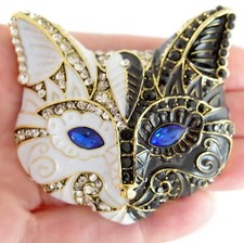 BIG 2.5" NEW DESIGNER STYLE CRYSTAL RHINESTONE  ENAMEL CAT FACE MASK BROOCH PIN