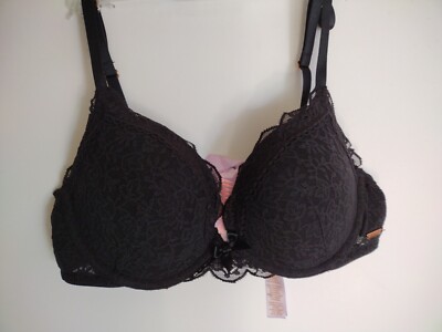 SAVAGE X FENTY 32C BLACK PUSH UP PADDED OVERLACE PLUNGE CONVERTIBLE STRAPS UW...
