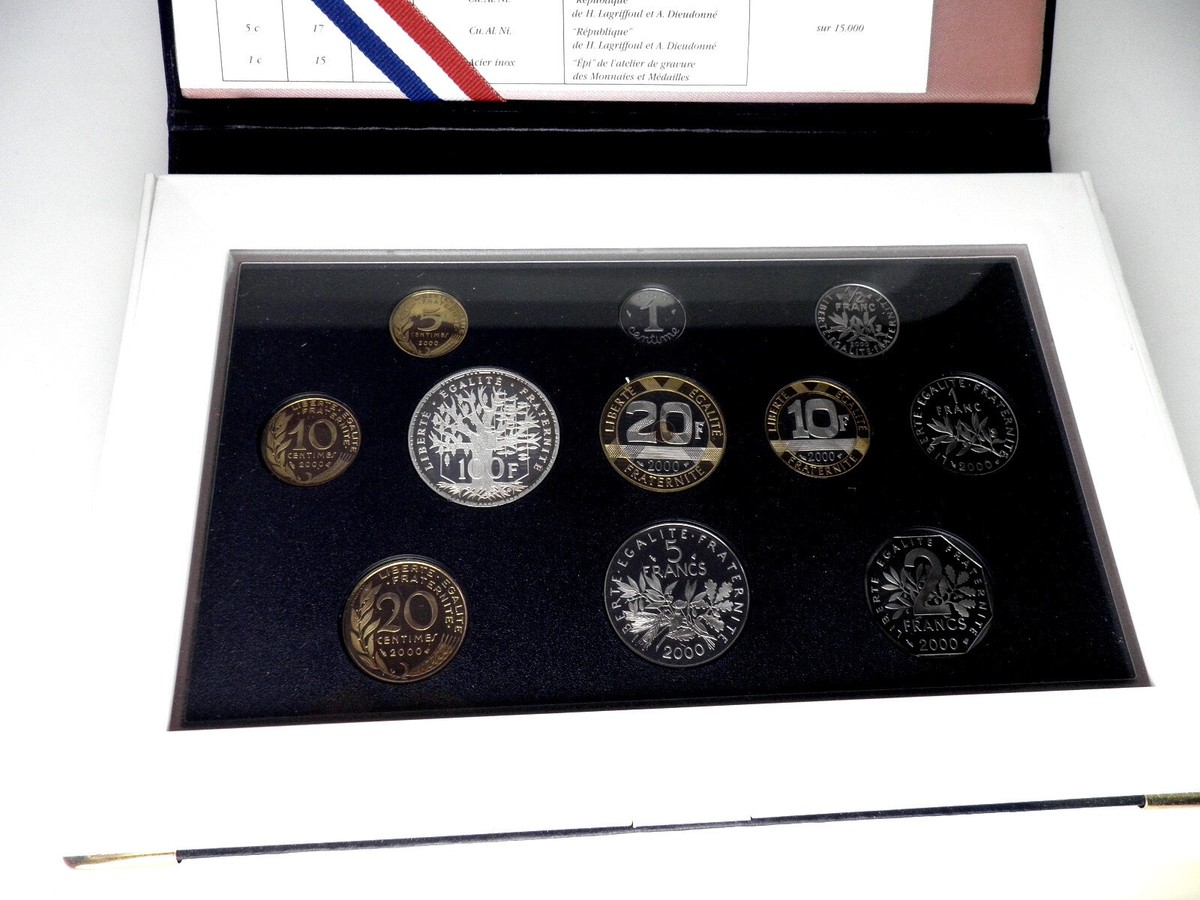 FRANCE 1 CENTIME - 100 FRANCS 2000 PROOF SET KM#PS18 11 Coins In