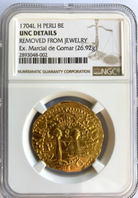 PERU 1704 8 ESCUDOS 1715 FLEET SHIPWRECK MEL FISHER COA NGC PIRATE