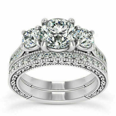 2.75Ct Round Cut White Moissanite Engagement Ring Set 14k White Gold Size 7.5