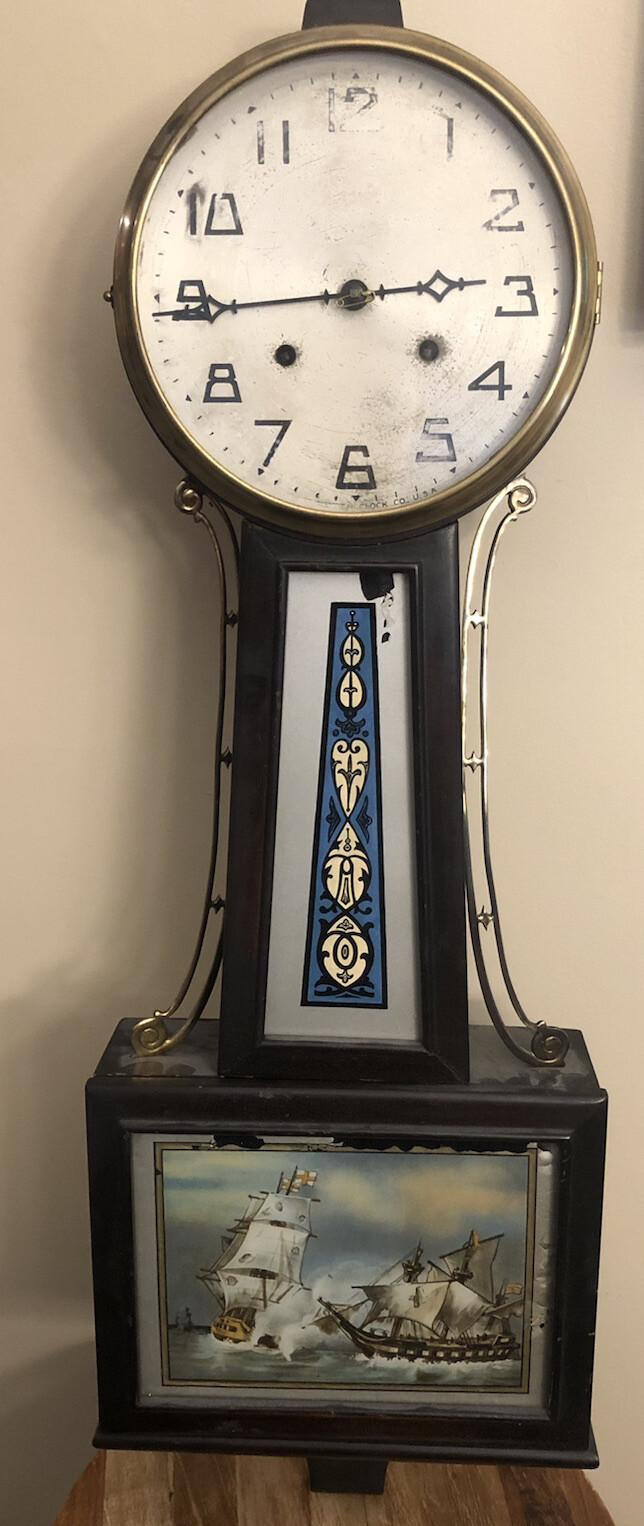 Antique New Haven Banjo Wall Clock 32” 8Day w/ Pendulum & Key