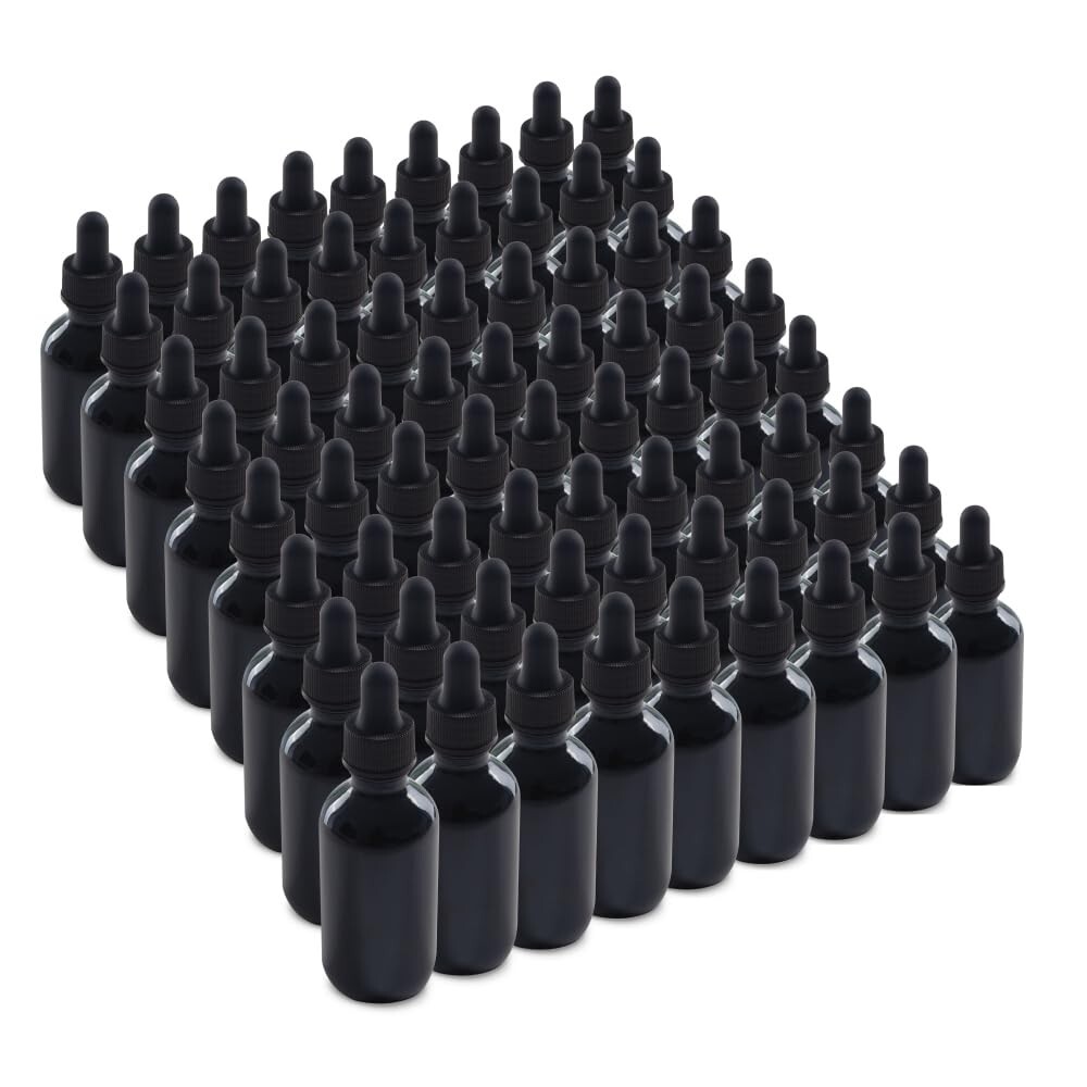 Compact 72 Pack 2 oz Black Glass Bottles with Accurate Droppers for Labs