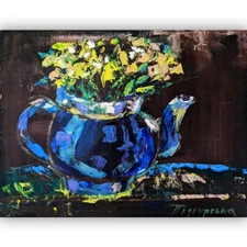 Original Oil Painting Teapot with Yellow Flowers Colorful Still Life Art Gift