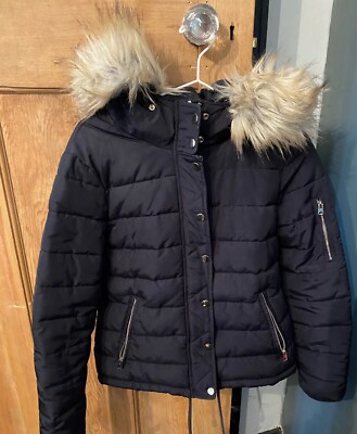 Womens Topshop Puffer Padded Quilted Jacket Bomber Faux Fur Hood 10 Navy  Winter UK