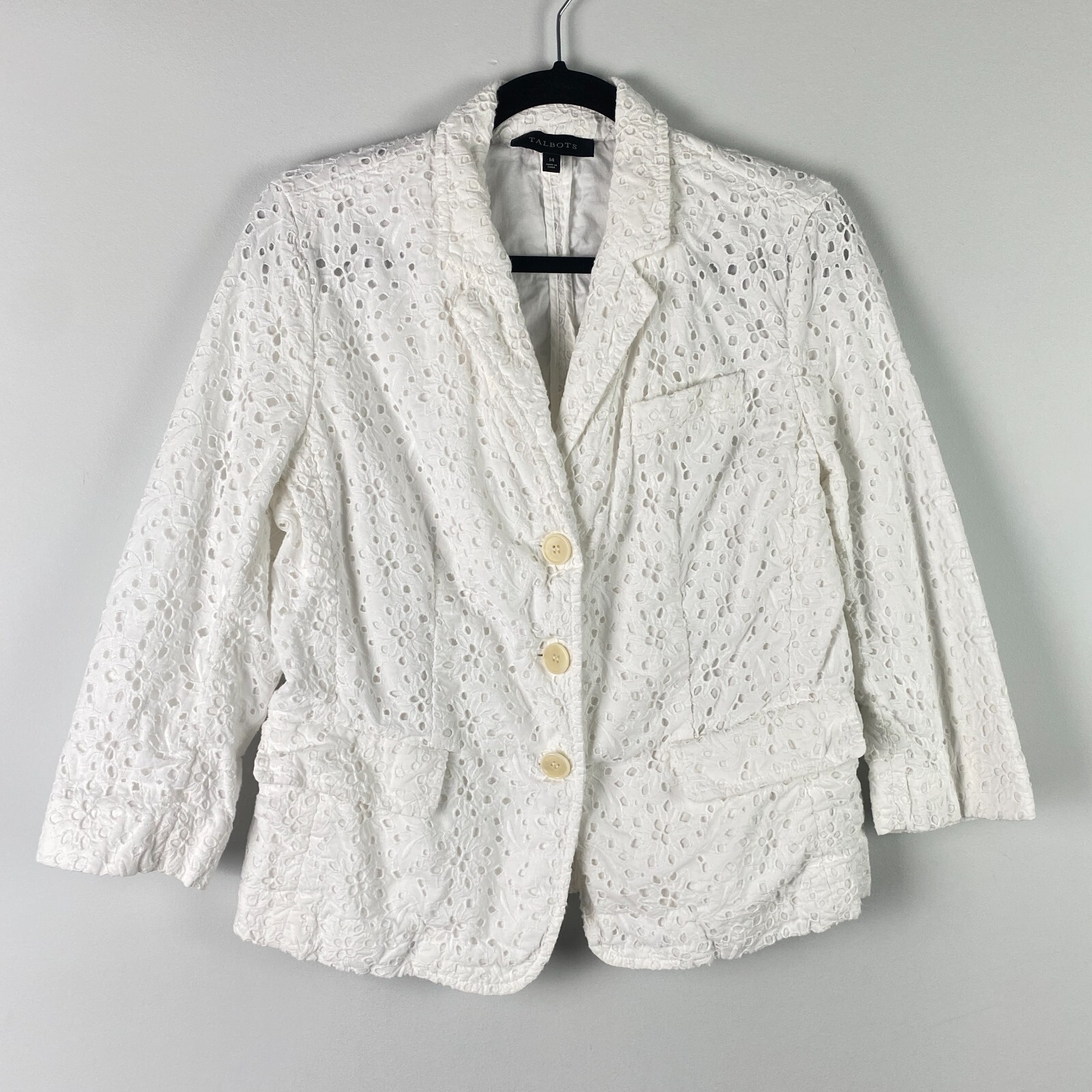Talbots White Eyelet Jacket Size 14 Button Up 3/4… - image 1
