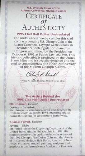 1995 Olympic Proof Half Dollar Basketball Coin US Mint original box and COA - Foto 5 di 7