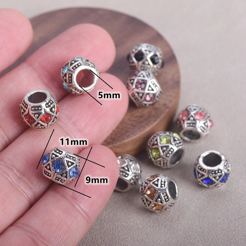 10PCS 10mm Round Tibetan Silver Color Rhinestones Charm Loose Big Hole Beads - Image 4 of 4
