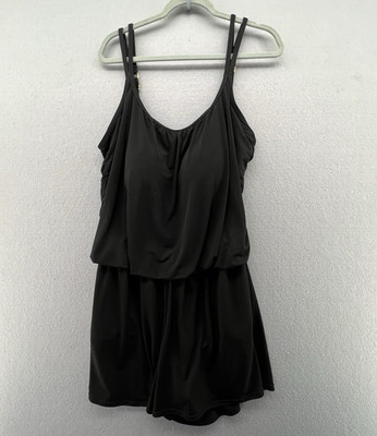 Maxine Of Hollywood Womens One Piece Black Swimsuit Swim Dress with Pockets 1X