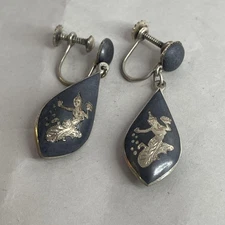 Vintage Siam Sterling Niello Screwback Dangle Earrings Dancing Goddess Art