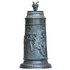 19c. Antique Pewter Beer Stein - Tavern Scene | Lidded 1.0 L Germany ca. 1890