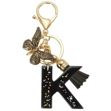 Initial Letter Keychain, Cute Butterfly Keychain with Tassel Letter K, Black