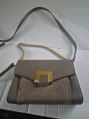 Madison West Flap Shoulder Bag Gray Vegan Leather Suede Gold Chain Crossbody