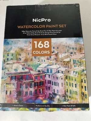 Nicpro 168 Color Watercolor Paint Set with Brushes & Paper NEW