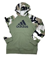 Adidas Camo Sleeve Hoodie Youth L 14/16 Green Pullover Trefoil Logo Sweatshirt