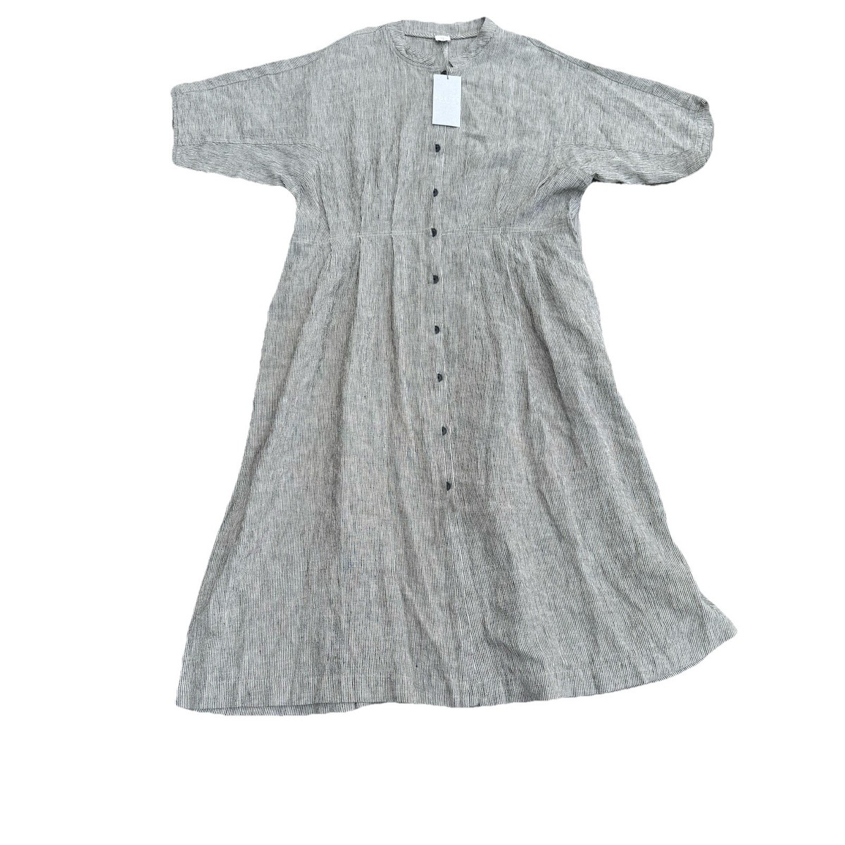 POETRY 100% Linen Sz 16 Button Dress w/ Pockets Black Gray Beige Striped NWT