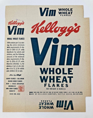 1946 Kellogg's Vim Cereal Box Whole Wheat Flakes Unused 8 ounce Battle Creek