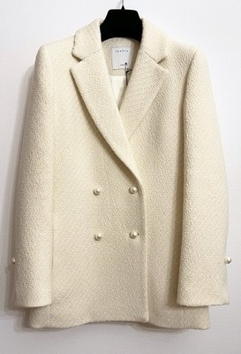 Sandro Paris Damen Blazer Wollmischung Tweed Bouclé elfenbein weiß Perlenknöpfe