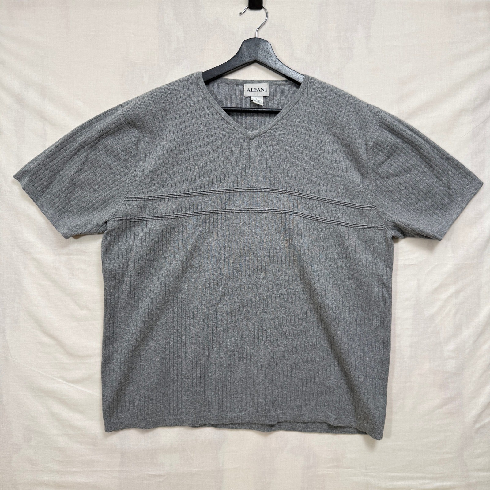 Alfani Sweater Mens XL Grey V-Neck Short Sleeve Ribbed Cotton Knit Striped Top