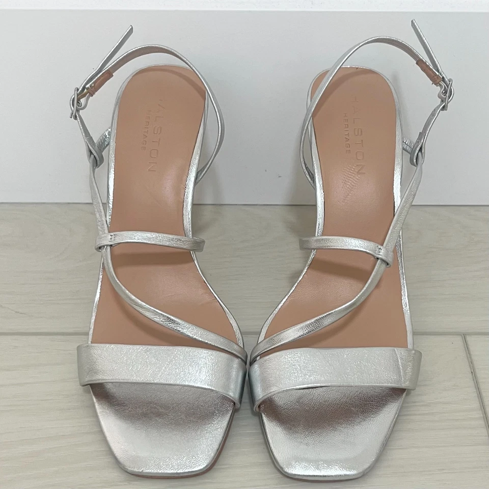Halston Heritage Silver Strappy Heels Size 8 Metallic Slingback Sandal Worn Once - Image 2 of 4