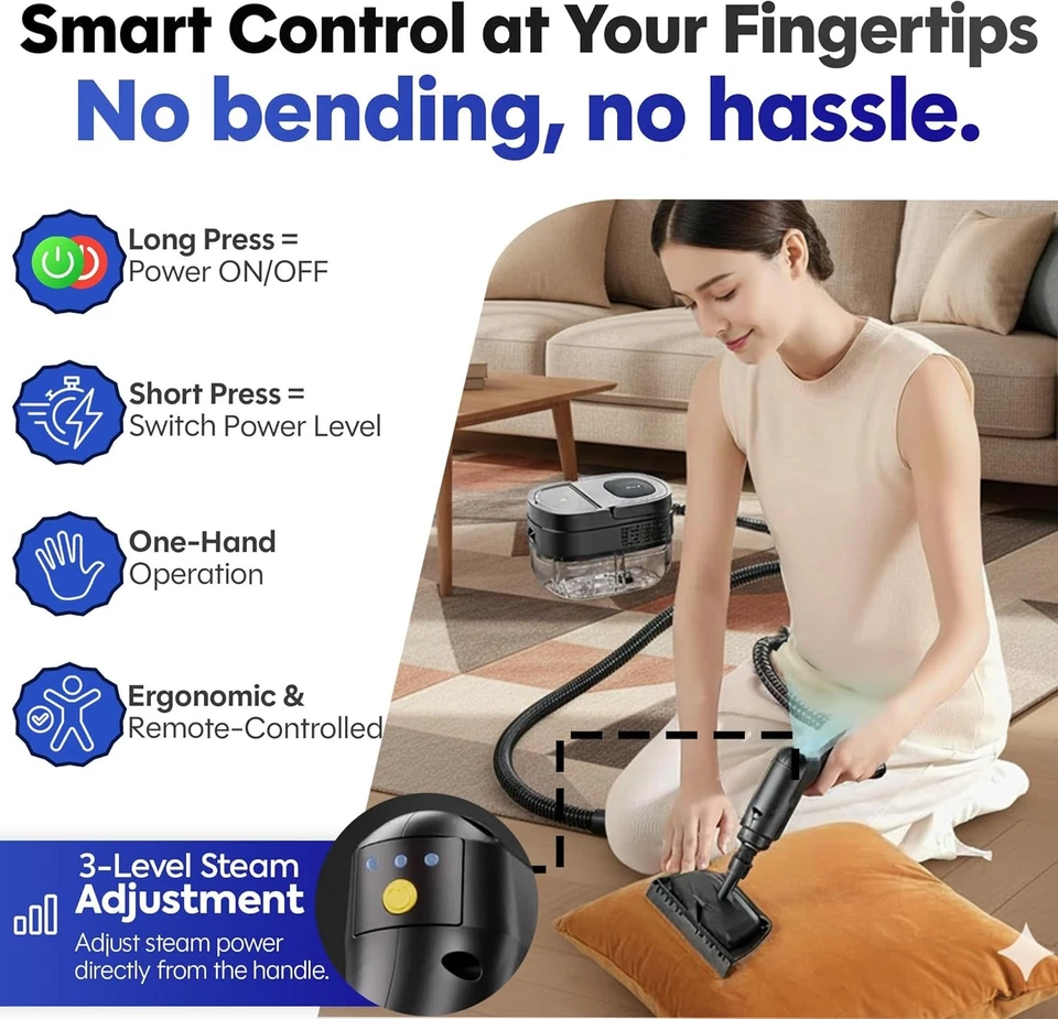 Pulitore a Vapore, Manico Regolabile a 3 Livelli, Serbatoio da 1,6L, Riscaldamento 15s, Portatile...  - Immagine 4 di 4