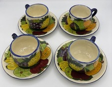 VTG Mexican Folk Art Pottery Fruit Design Coffee & Saucer Set Of 4 Blue Colorful