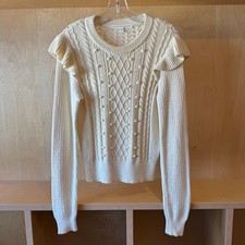 Veronica Beard Earl Ruffled Cable Knit Cotton Blend Sweater Ivory S Cottagecore