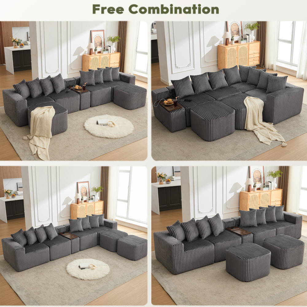 Gray Corduroy U-Shaped 6-Seat Modular Sofa with USB & Wireless Charging