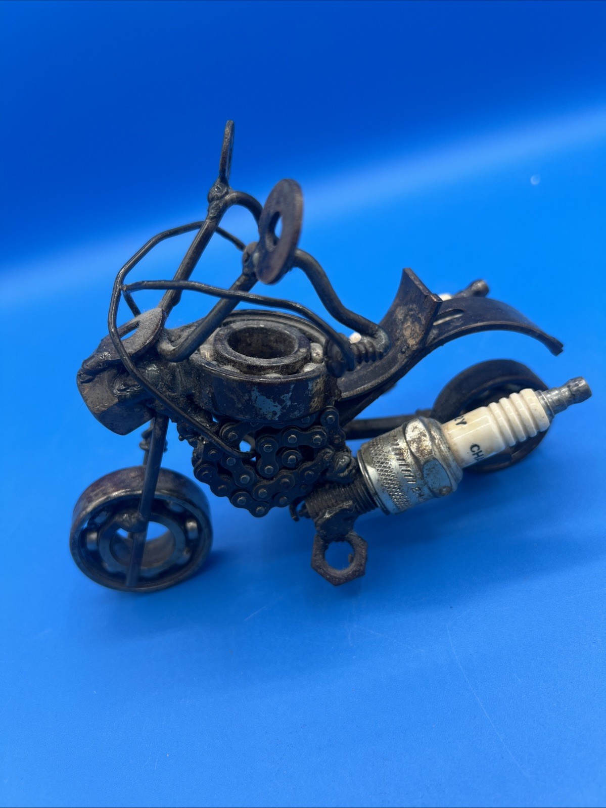 Motorcycle Chopper Handmade Folk Art Welded Sculpture Scrap Metal Desk Art