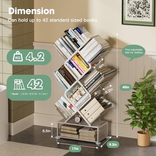 Metal 6 Tier Bookshelf, No Assembly Needed Foldable Bookcase with Storage White