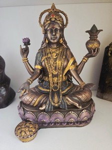 Bronze Hindu Goddess Lakshmi Lotus Statue Hinduism Display
