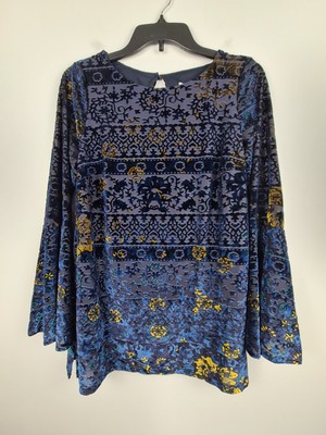 Eci Women's Crushed Velvet Boho Top Size M Blue Floral Print Flare Sleeve Gypsy