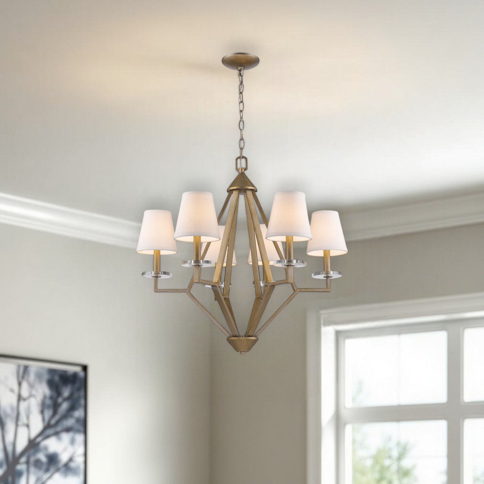 Gold Candle Style Six Light Metal and Crystals Dimmable Chan