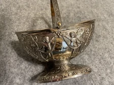 Corbell & Co. Silver Plated Oval Cherub Basket Handle Embossed Stamp Mark Gold