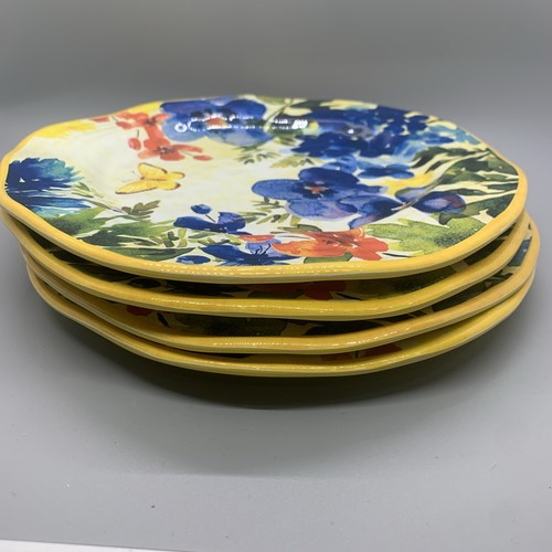 Pier 1 Imports Melamine Butterfly Floral 9" Plates Yellow Plastic ~ Set of 4 - Picture 2 of 4