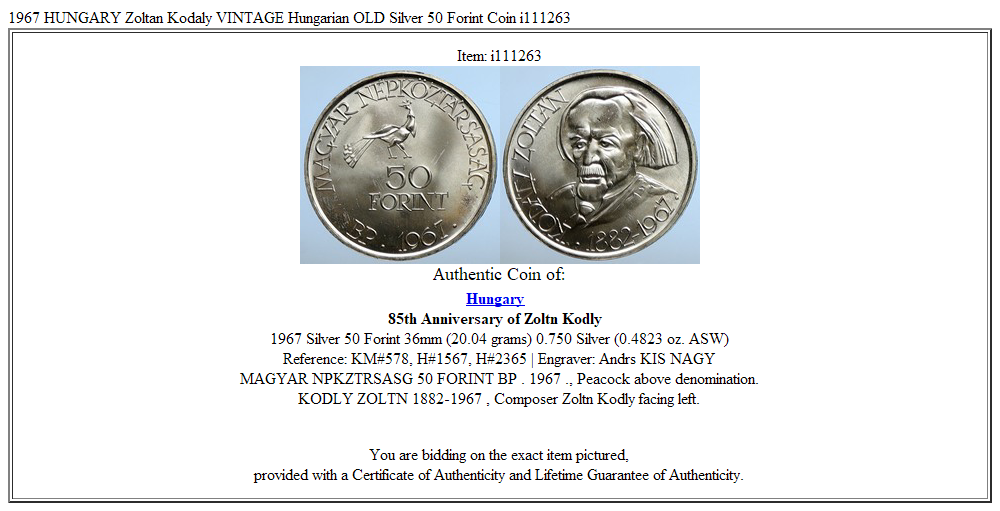 1967 HUNGARY Zoltan Kodaly VINTAGE Hungarian OLD Silver 50 Forint