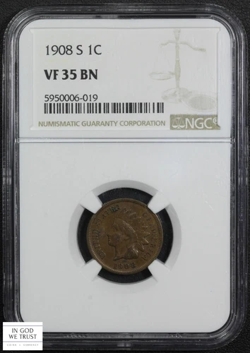 1908 S Indian Head Copper Cent 1C NGC VF 35 BN