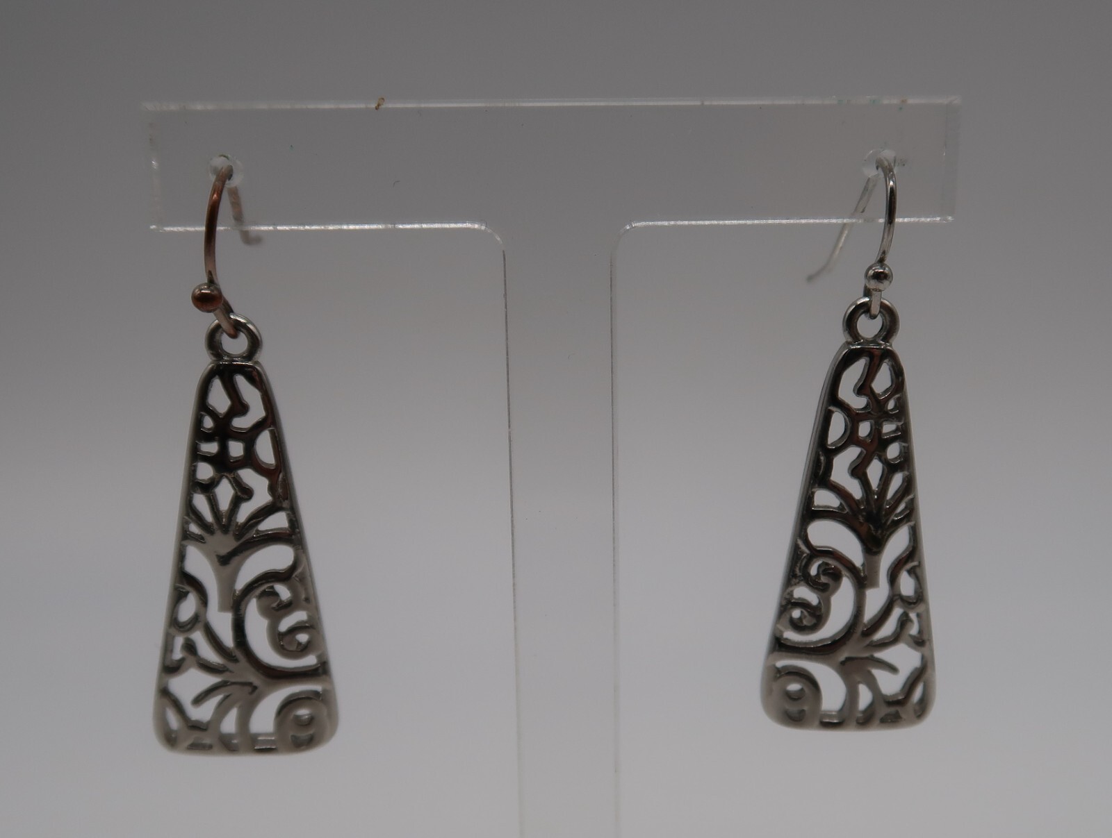 Vintage silver tone triangular scrollwork dangle … - image 2