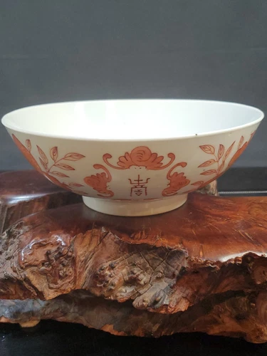 ANTIQUE CHINESE QING DYNASTY IRON RED PAINTED PORCELAIN MARKED 8" BOWL