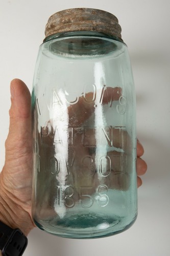 Mason Jar Clear Aqua Quart (P2R-3) w/Glass Lined Zinc Lid Pat Nov 30 1858 20 - Picture 2 of 12