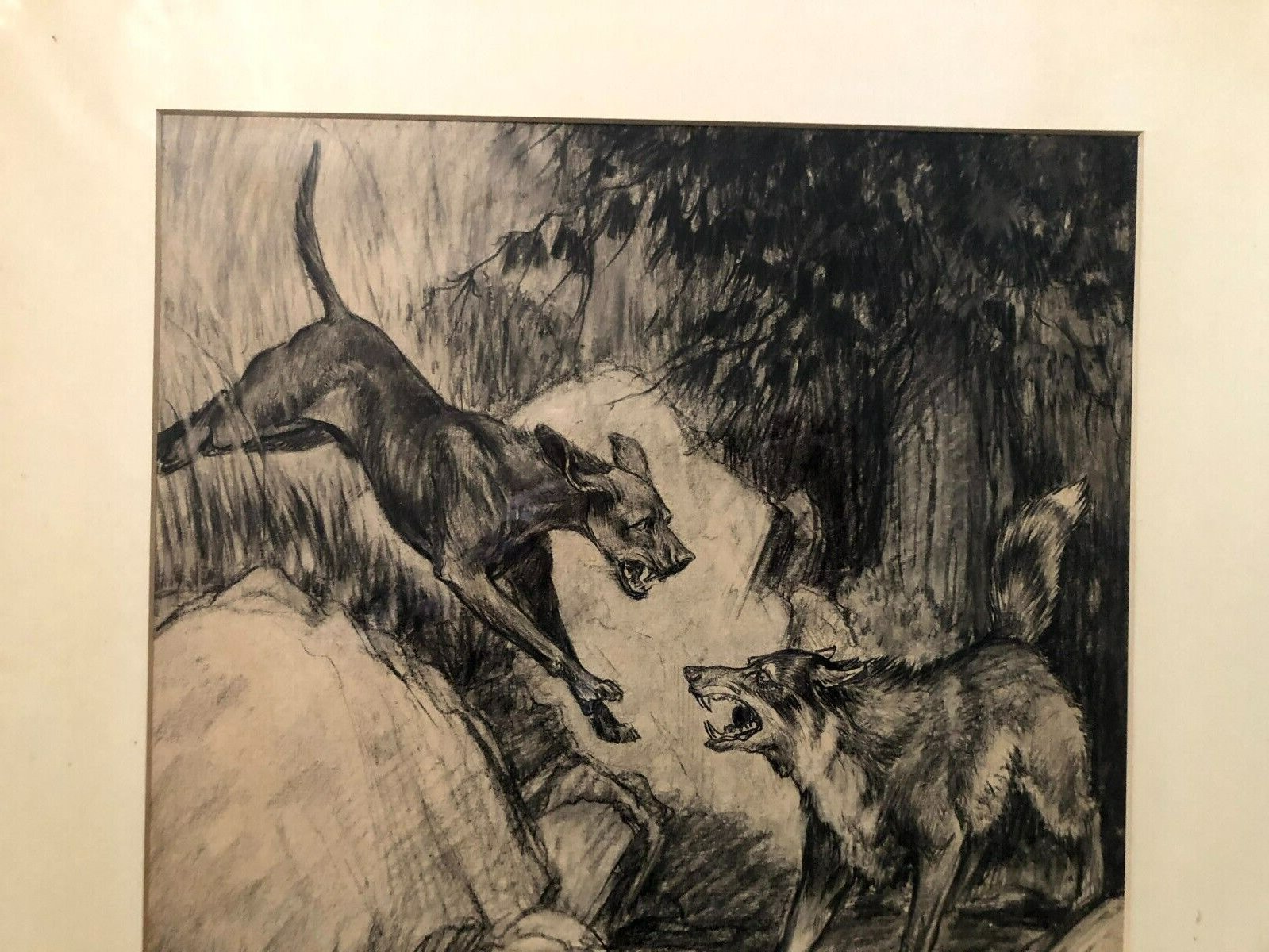 Signed Published Dramatic Illustration Art Drawing Two Dogs Fighting | eBay